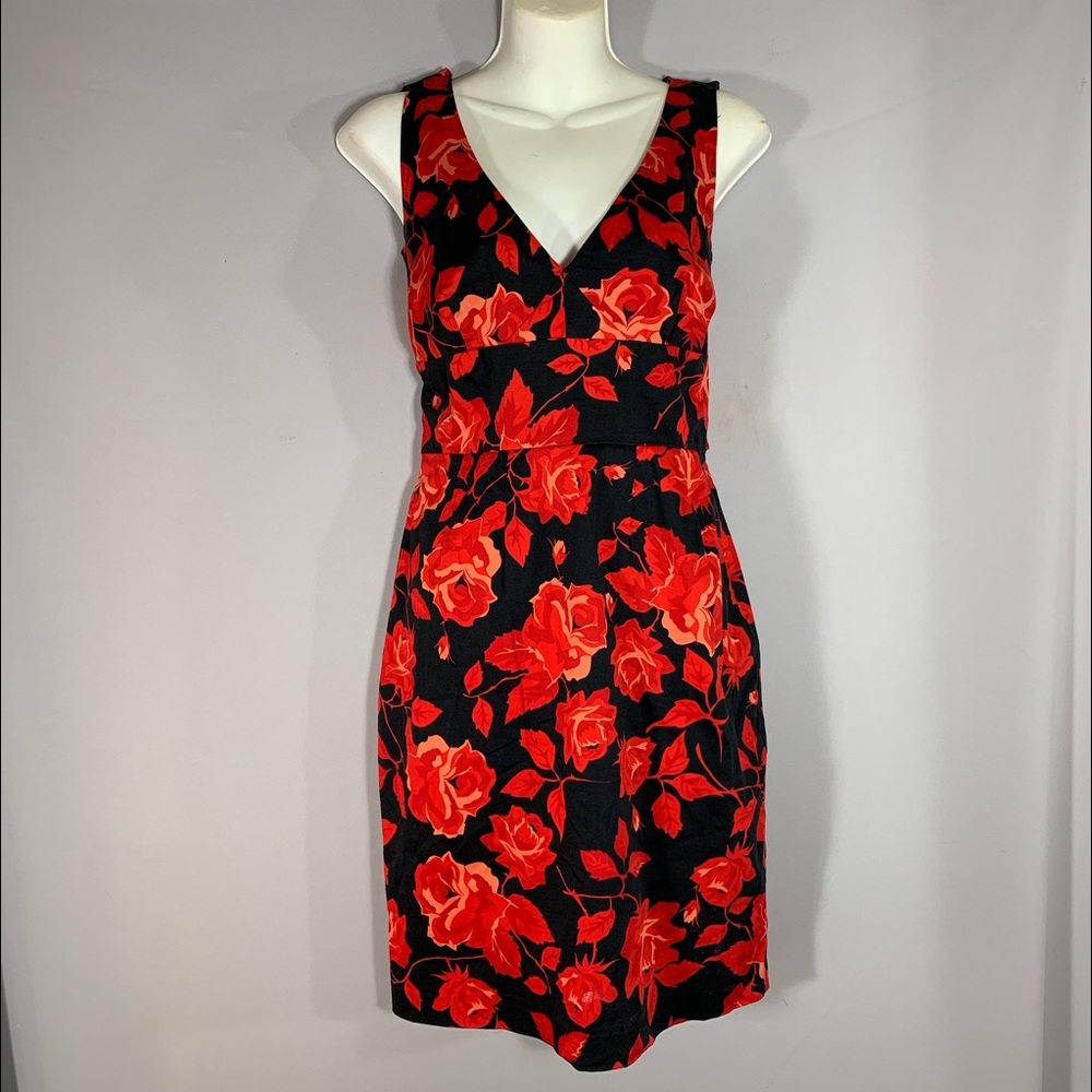 Red/blk print v-neck cotton dress with back ties